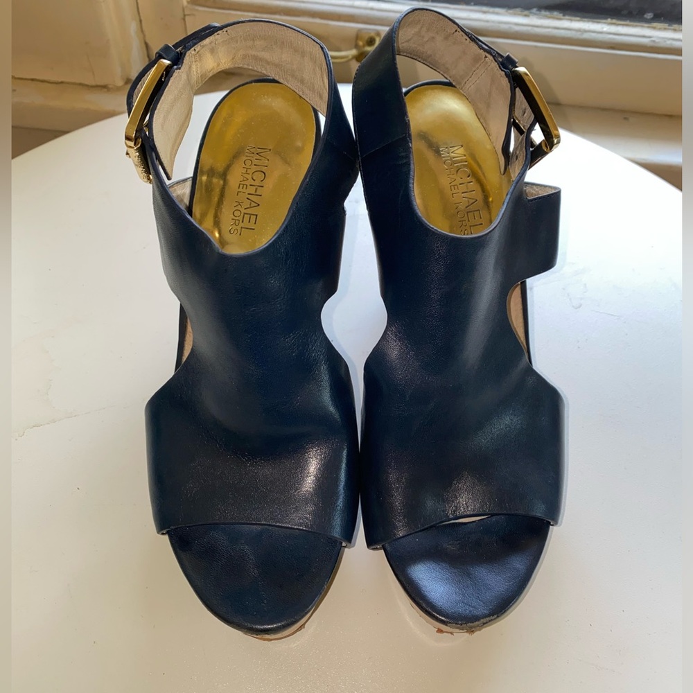 Michael Kors Women's Navy Brown Platform Leather Wedges Size 7.5M